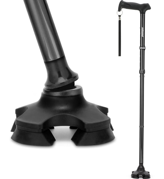 Black adjustable walking stick with ergonomic handle and pivot base, foldable and lightweight mobility aid from CarePoint NZ
