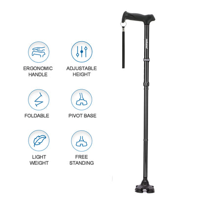 Adjustable folding walking stick with pivot base – lightweight ergonomic cane by CarePoint NZ for balance and mobility support