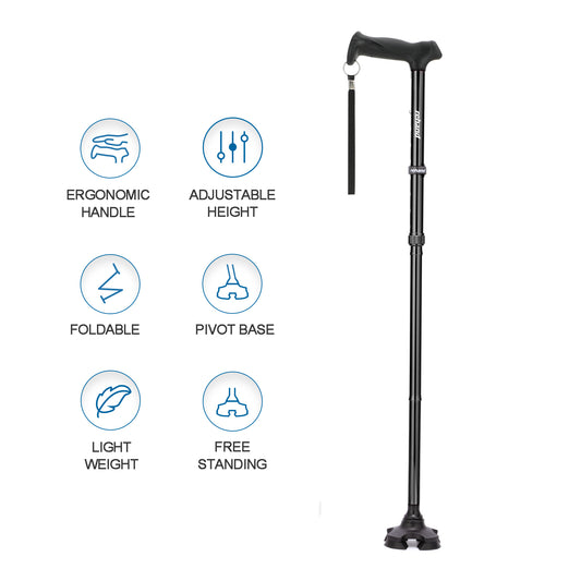 Adjustable folding walking stick with pivot base – lightweight ergonomic cane by CarePoint NZ for balance and mobility support